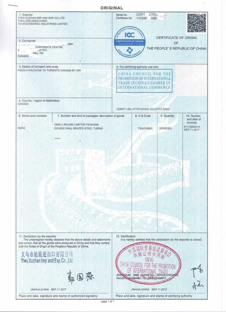 Sample Certificate of Origin for Bundy Tubes
